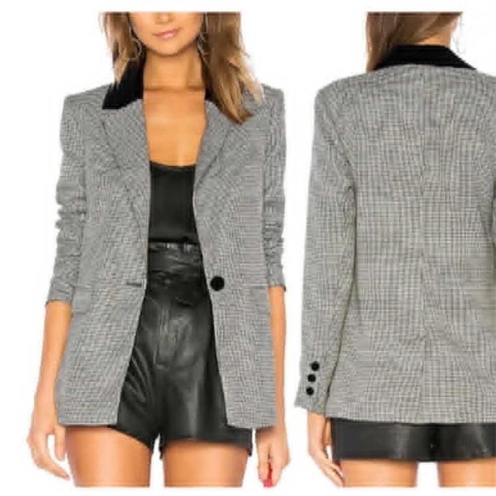 L'Academie‎ Los Angeles XS Houndstooth Blazer Black Velvet Collar 1 Button Lined
